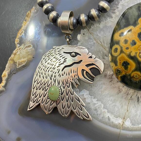 Tommy & Rosita Singer Sterling Silver Green Turquoise Overlay Eagle Pendant - Picture 5 of 10